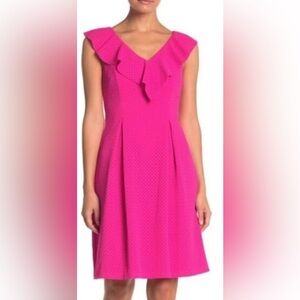 Women’s Eliza J Pink Perforated Flare Dress Ruffle Neck Sleeveless 12 Petite.